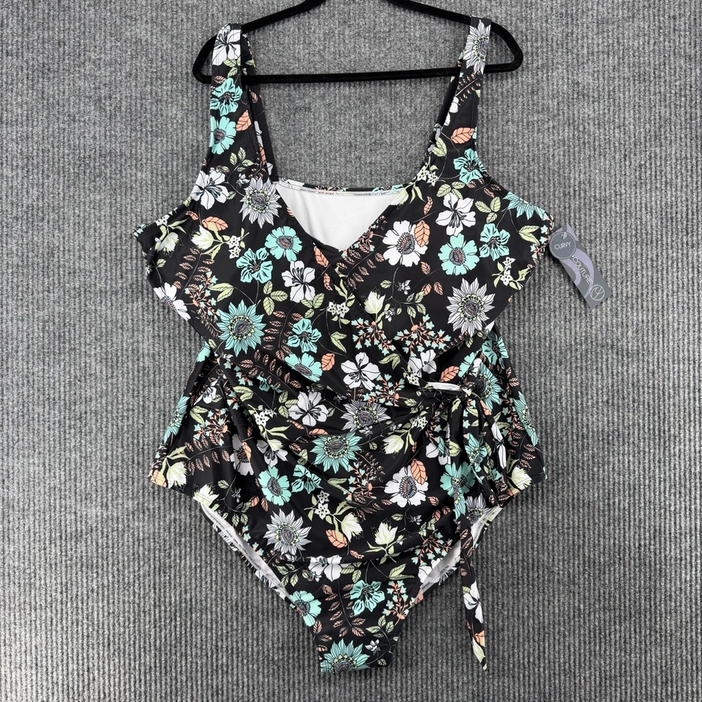 NWT Plus Size Floral Wrap One Piece Swimsuit Ruffle Tummy Control 3X